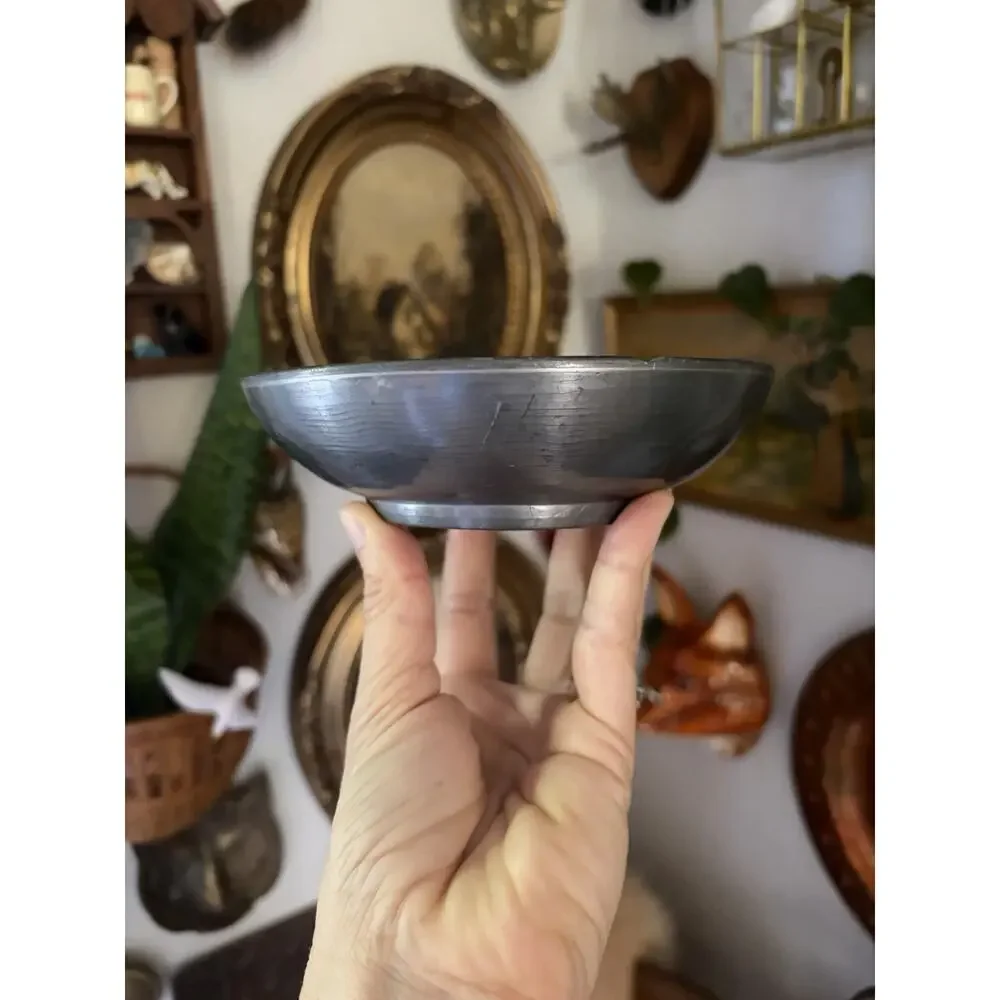 Vintage Porcelain Ware Pewter Encased Floral Ashtray Trinket Dish Hong Kong